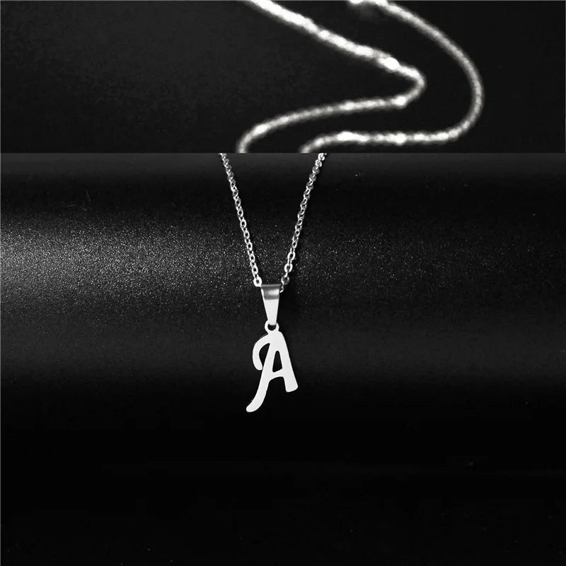 Shiny stainless steel initial letter pendant necklace for women, featuring a simple clavicle chain choker style jewelry piece.