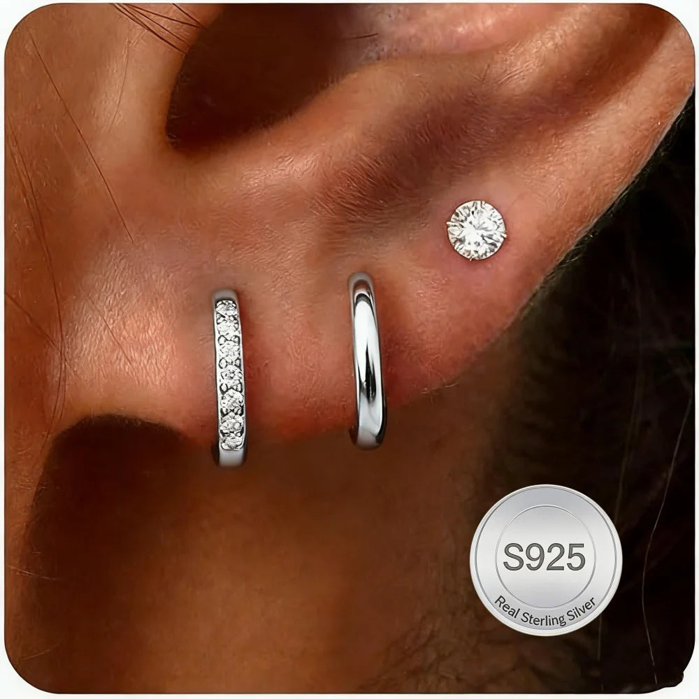 S925 sterling silver mini cubic zirconia earrings set, hypoallergenic stacked design for women