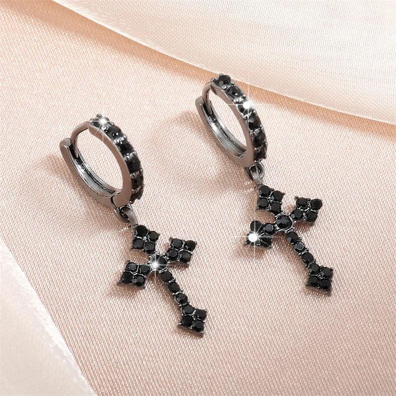 Minimalist zirconia cross dangle earrings for women by HSF, shown with sparkling stones and a delicate drop design