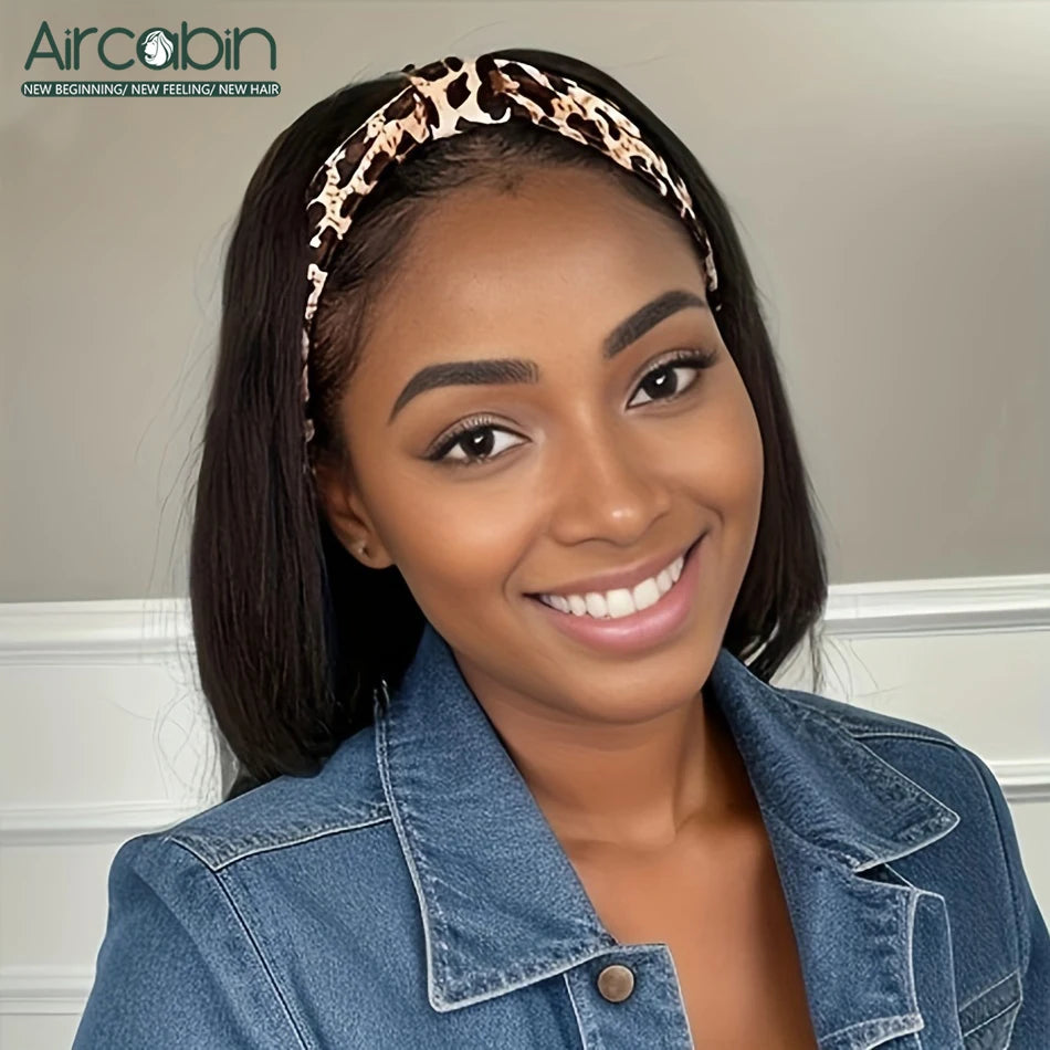 HSF Marketplace short straight Brazilian human hair headband bob wig for women, full machine-made style
