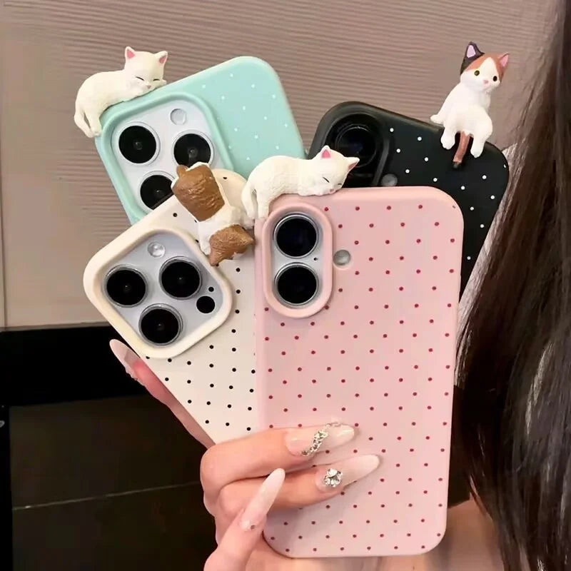 Polka dot pattern iPhone phone case with cute cartoon cat design by HSF Marketplace