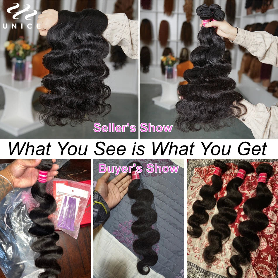 Unice Hair Body Wave Human Hair Bundles With Closure Natural Color 100% Human Hair 3/4 PCS Bundles With 4x4 Inch Lace Closure
