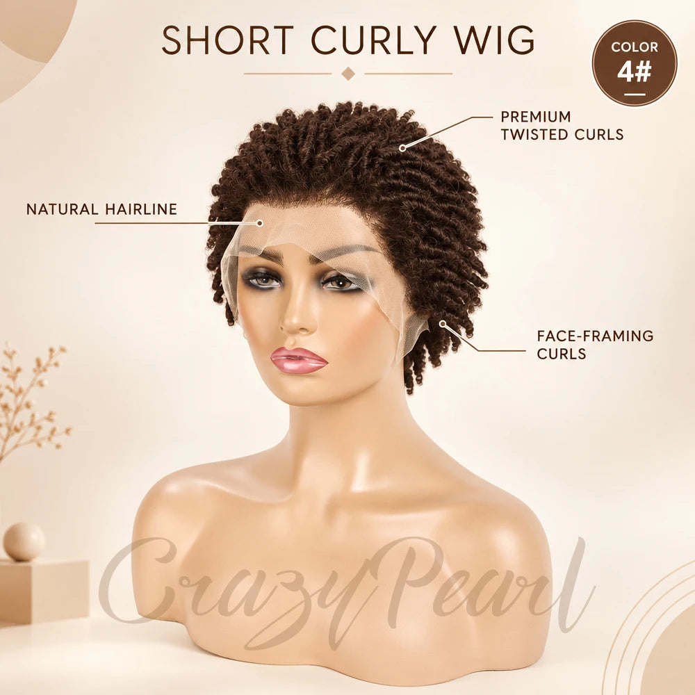 Chocolate brown human hair wig with short pixie cut, dreadlocks, lace frontal, faux locs, Afro twists, natural braided style.