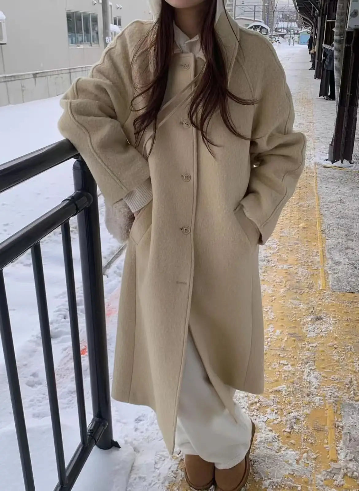 Korean style woolen coat for women by HSF Marketplace, soft warm outerwear in a stylish design
