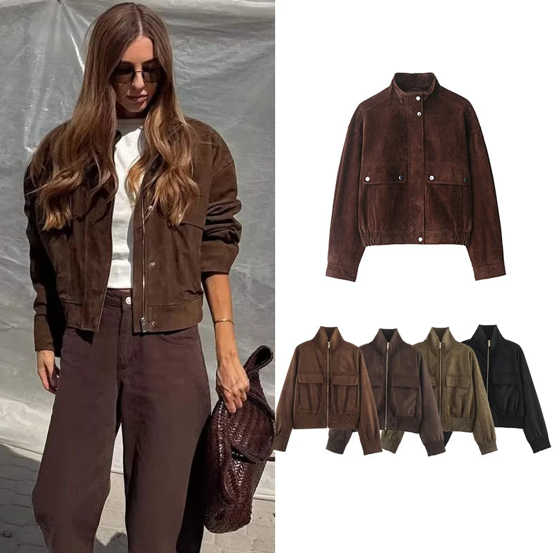 Women's slim autumn jacket with large pockets, warm design, and street-chic style by HSF Marketplace