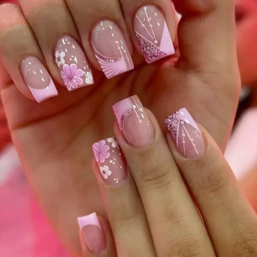 24-piece pink French short square press-on false nails with glitter flower design by HSF Marketplace