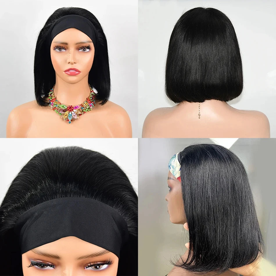 Short bob straight headband wig, Peruvian Remy human hair, machine-made scarf wig in a natural style