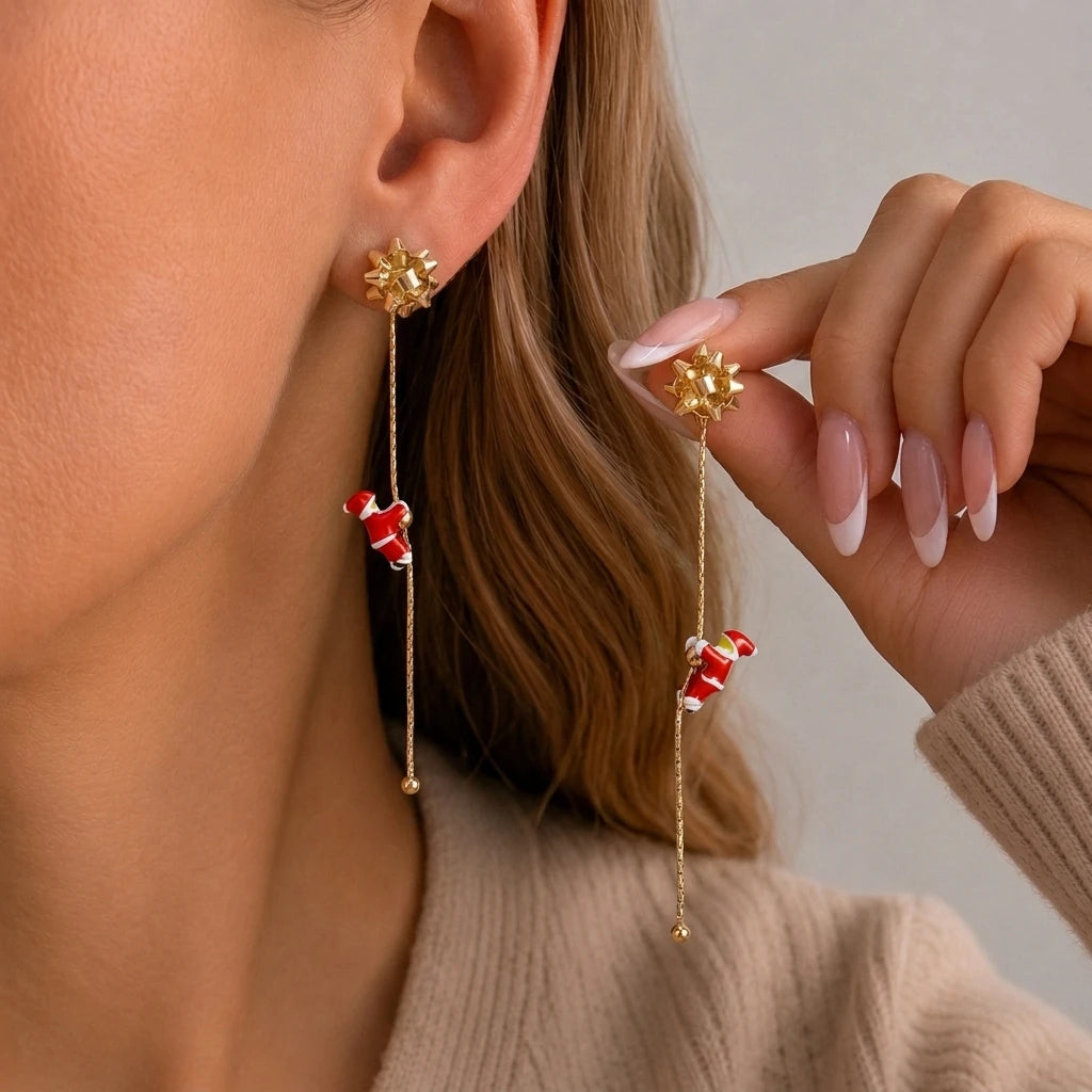 Moving Santa Claus tassel dangle earrings in festive red and white design by HSF Marketplace