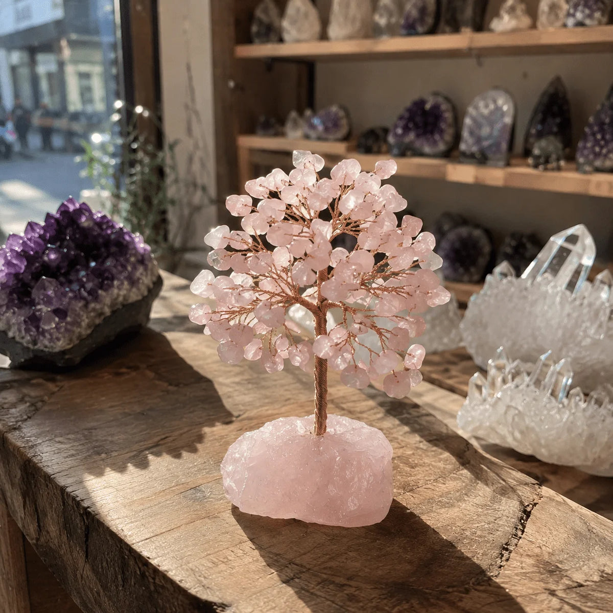 Rose Quartz Crystal Tree of Life - Tanli Tree, Feng Shui Decoration - Handmade Christmas Tree, Mineral Specimen