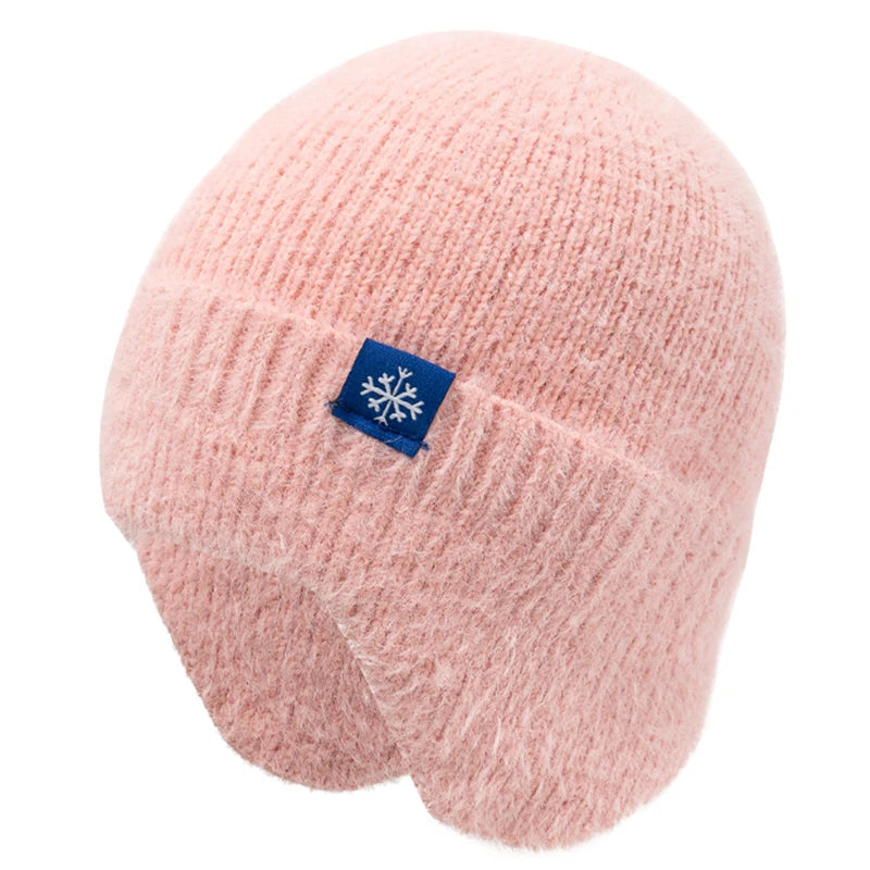 Women's candy-color faux fur knitted earflap winter hat, soft Kpop-style beanie cap by HSF Marketplace