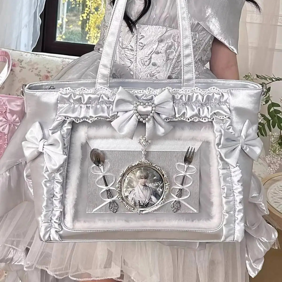 Transparent Japanese Ita shoulder bag by HSF Marketplace, featuring a cute Y2K lolita style, large capacity crossbody handbag.