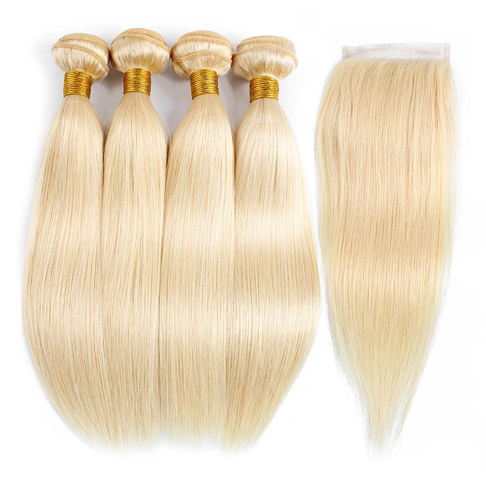 3/4 Bundles with Closure 50g/pc #613 100% Human Hair Weave 4*4 Transparent Lace Frontal Free Part Platinum Blonde Straight Bobbi