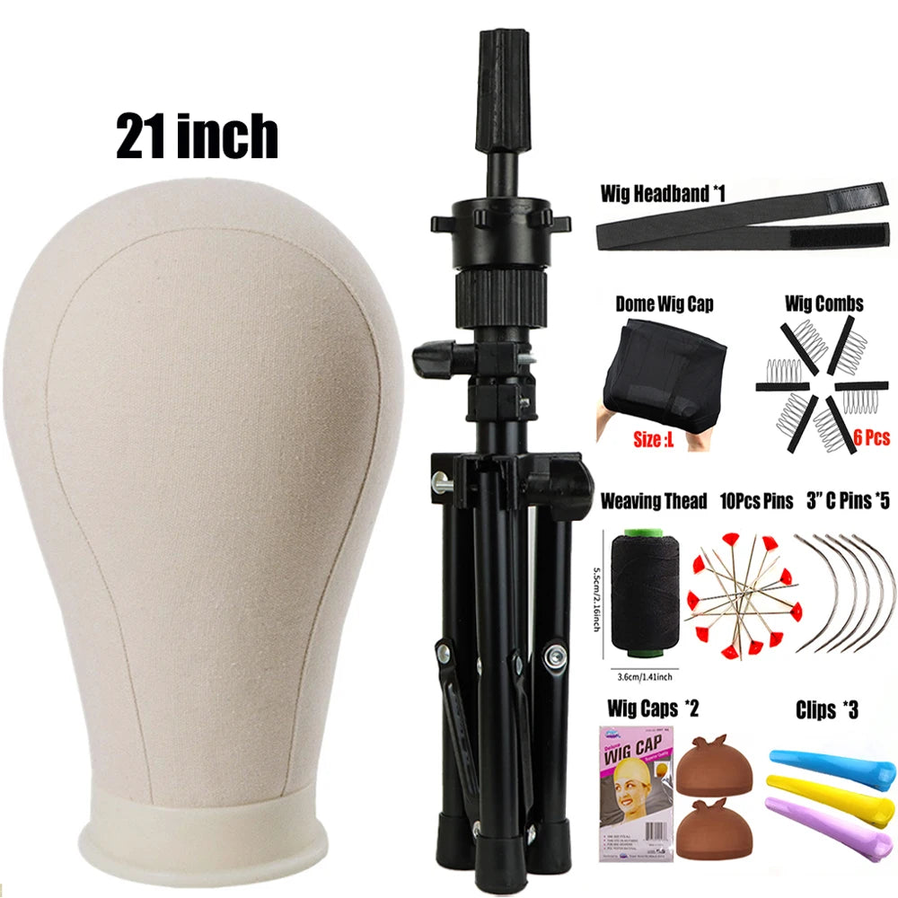 Wig Stand Tripod & Canvas Block Wig Head Adjustable Hairdresser Training Head Stand Set For Wig Display Styling Salon Home Used