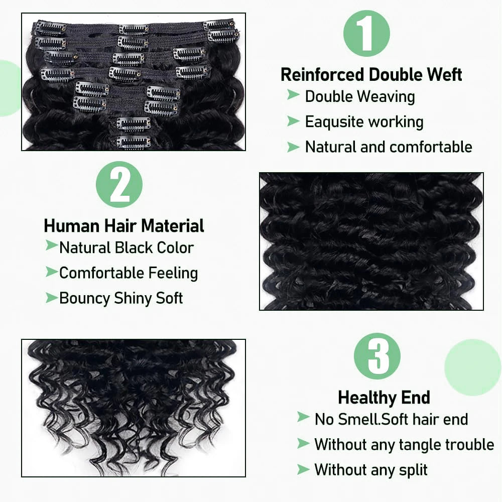 Brazilian Remy human hair deep wave clip-in extensions, 8-piece set, natural black, 10–26 inches, 120g