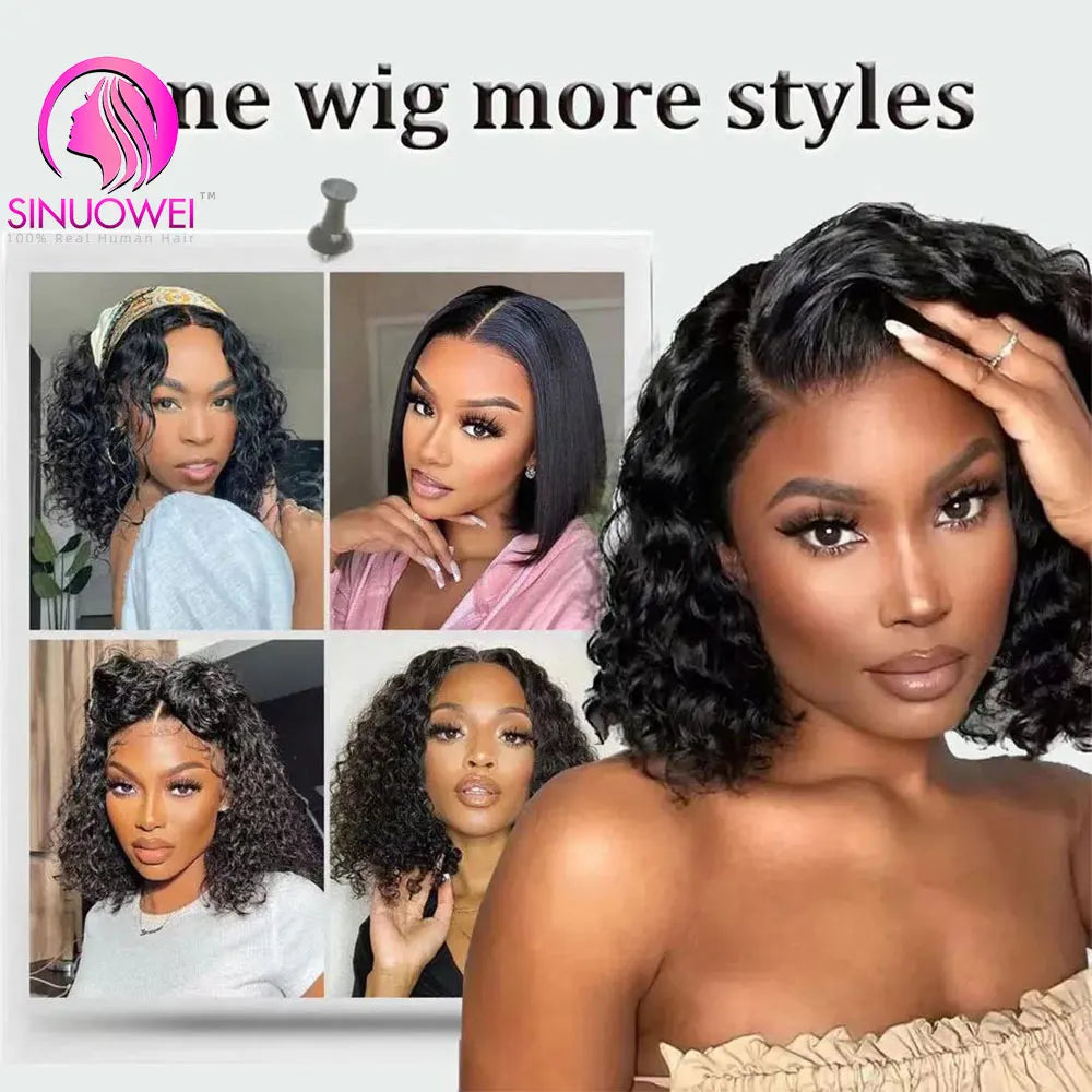 12A water wave bob wig with 5x5 transparent lace frontal, 100% human hair, curly short style, from HSF Marketplace.