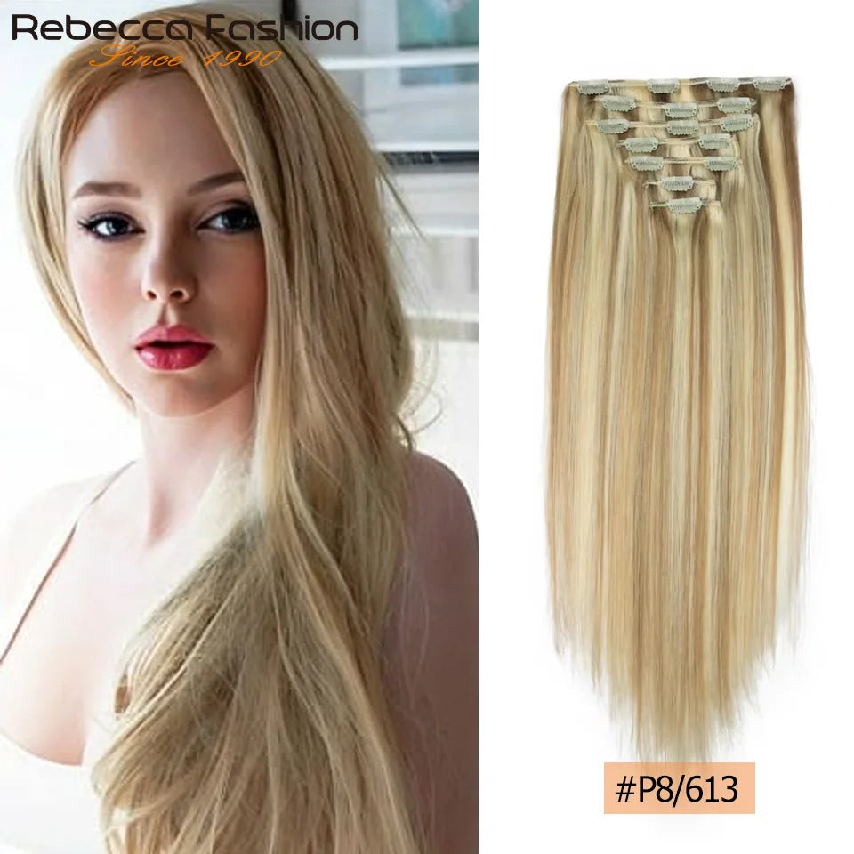 Seven-piece set of natural human hair clip-in extensions in 16-24 inches, double weft, from HSF Marketplace, styled on a mannequin head.