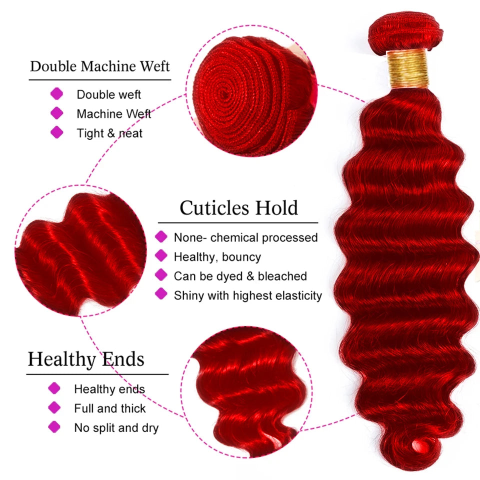 Real Pictures Hot Red Loose Deep Wave Bundles with HD Closure &Frontal Wholesale 10-30 Inch Raw Human Hair Bundles With Closure