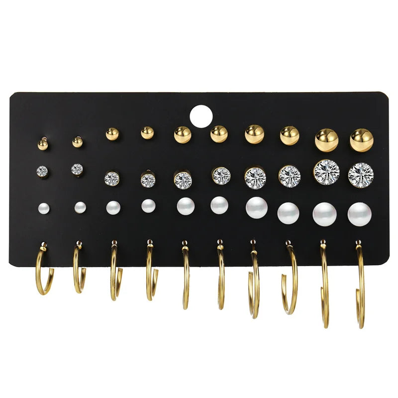 Vintage gold stud earrings set for women by HSF Marketplace, featuring multiple classic earring designs