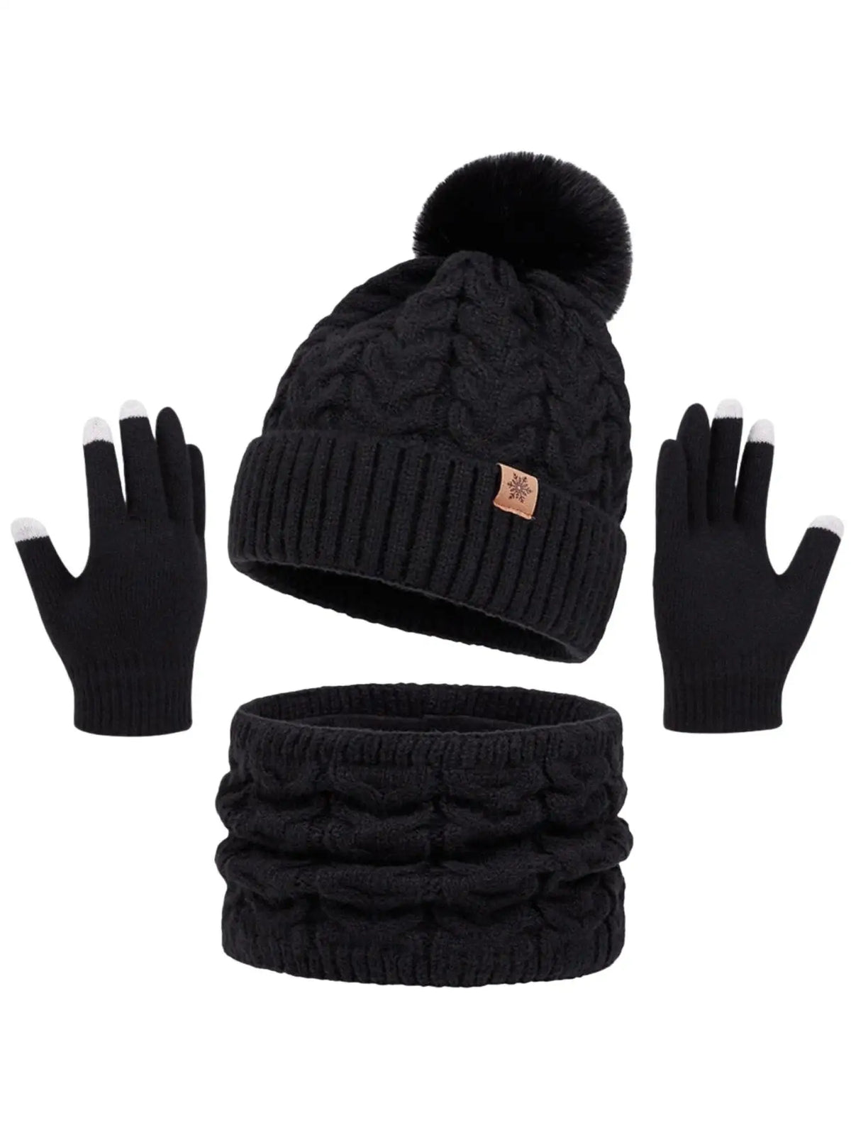 Women's warm knitted 3-piece winter set by HSF: hat, neck warmer, and gloves in a coordinated design