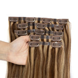 Invisible PU weft clip-in human hair extensions, 7-piece silk straight Remy hair set, 12–24 inch length