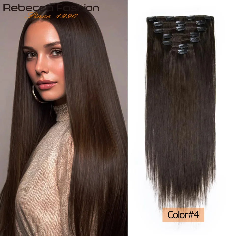 Seven-piece set of HSF Marketplace human hair clip-in extensions with double weft, 16-24 inches, natural straight hair styling tool