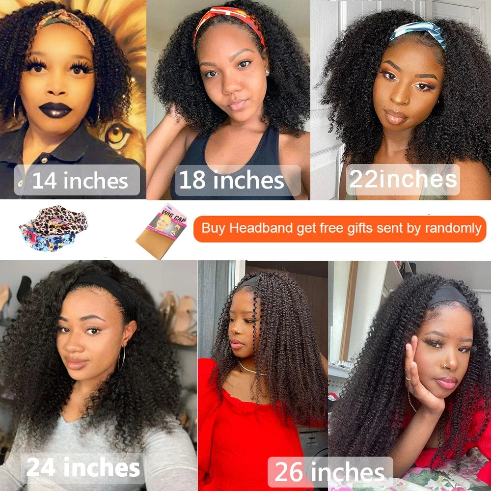Afro kinky curly Brazilian human hair headband wig, 200% density, glueless afro curl style for women