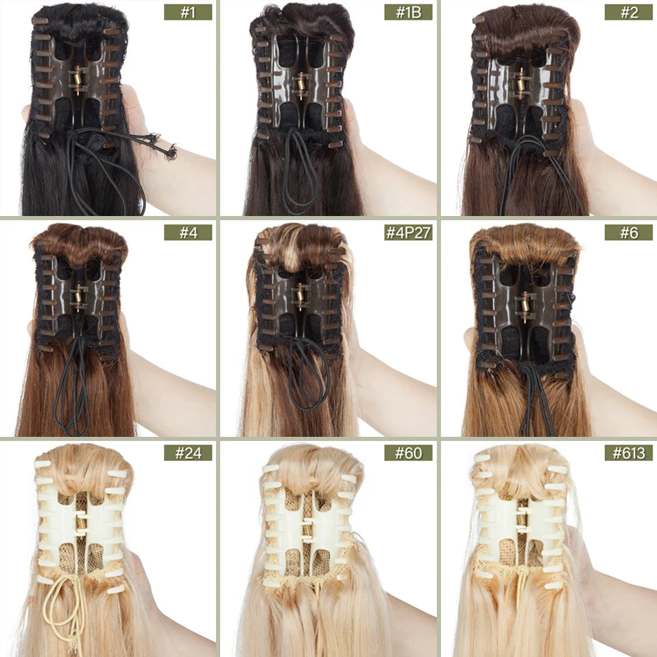 TESS Brazilian human hair claw clip ponytail extension, 14–22 inches, natural black to blonde