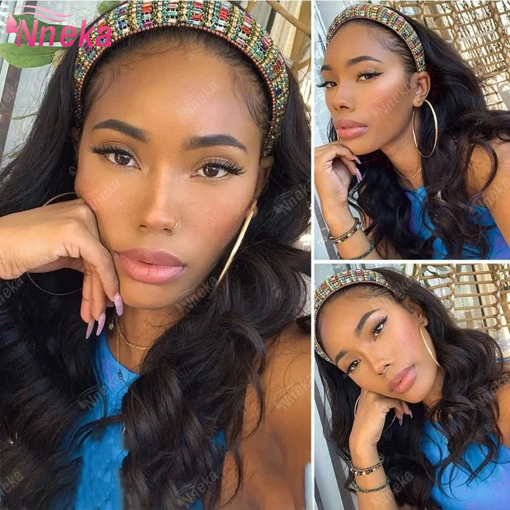 200% density 30-inch body wave human hair headband wig for Black women, machine-made, lace-free design