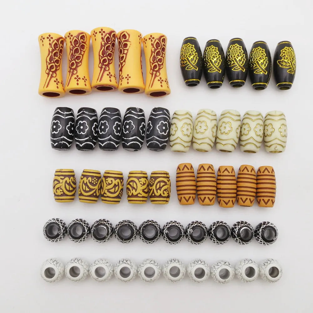 50pcs/Pack Mix Imitation Wood Plastic Crochet Black White Hair Braid Dread Dreadlock Beads Rings Tube for Hair Accessories