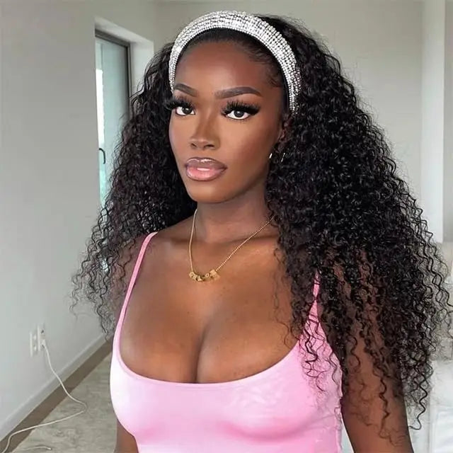 HSF Marketplace 18-inch straight Brazilian human hair headband wig, natural color, 200% density half wig