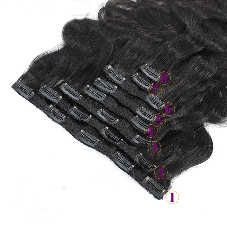 Brazilian human hair clip-in extensions, 8-piece set, natural black body wave, Remy hair 8–26 inches