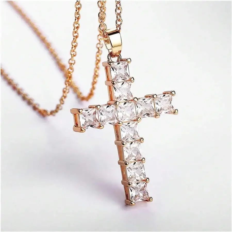 Gold multi-color crystal Jesus cross pendant necklace for women, stylish jewelry for parties and leisure occasions.