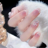 24pcs cute girly short square false nails with white French tips, glitter stars, rhinestones, cat eye, and bow art