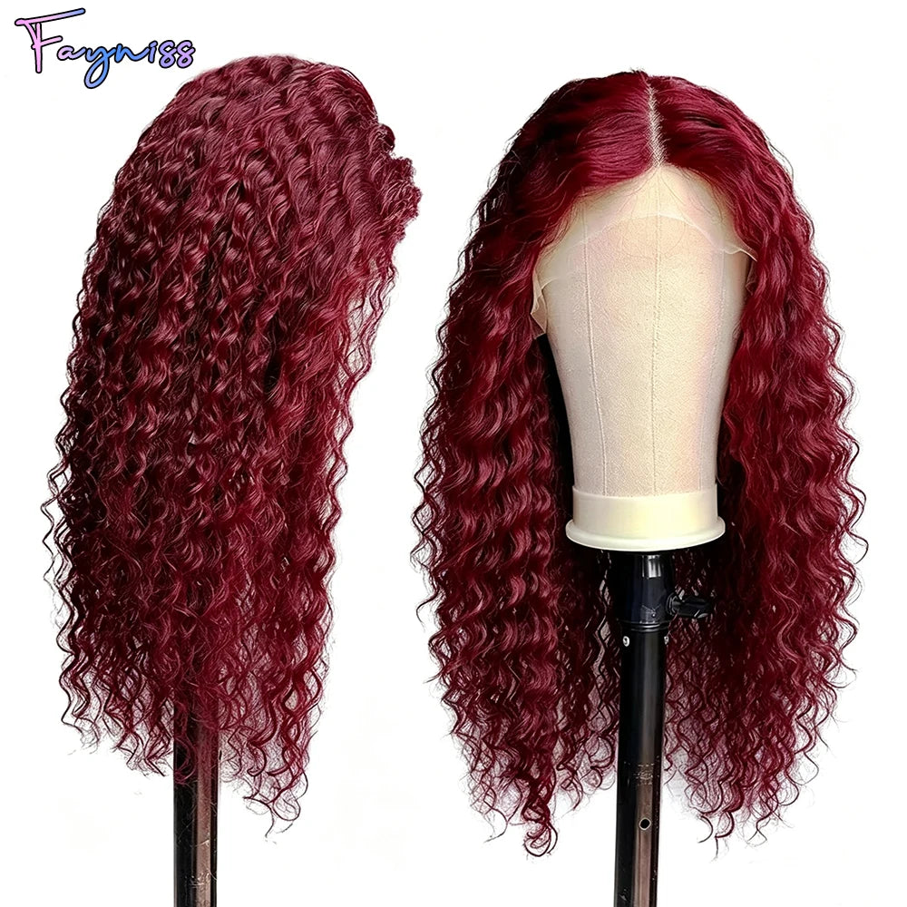 Clearance Sale 99j Burgundy Red Deep Wave Curly 13x4 Transparent Lace Front Wig Human Hair for Women 100% Human Hair Material Soft Healthy 4X4 Lace Closure Wig Human Hair