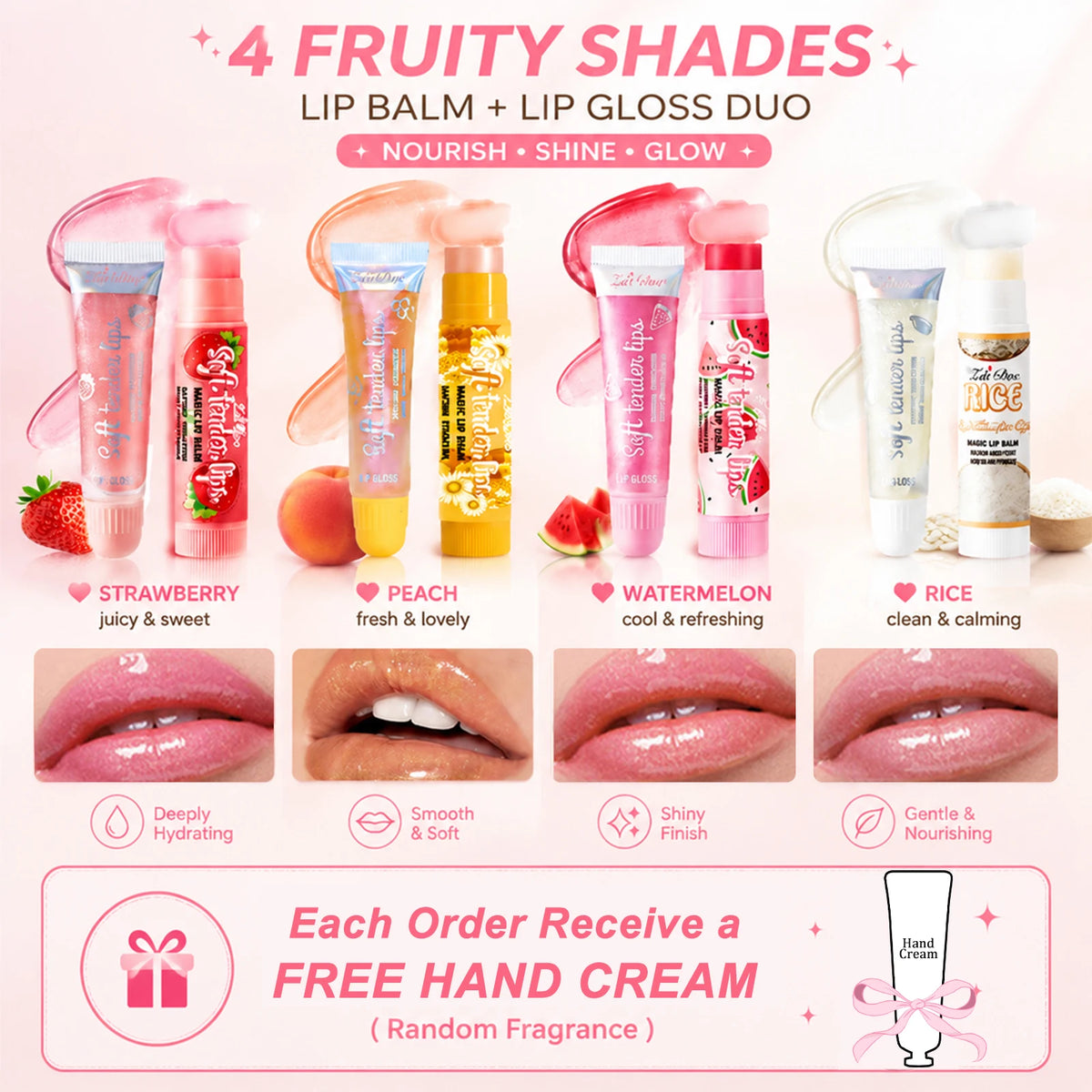 Set of four HSF Marketplace ZaiDoc fruity lip balms with tinted gloss and shiny finish, nourishing lip care in 7g containers