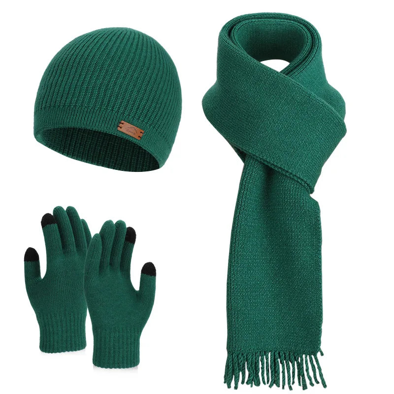 Women's warm woolen hat, scarf and gloves winter set in coordinated colors