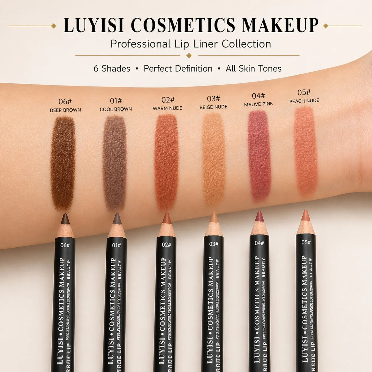 Waterproof brown nude lip liner and smudge-proof eyeliner pencil from HSF Marketplace, highly pigmented and smooth for precise lip shaping.