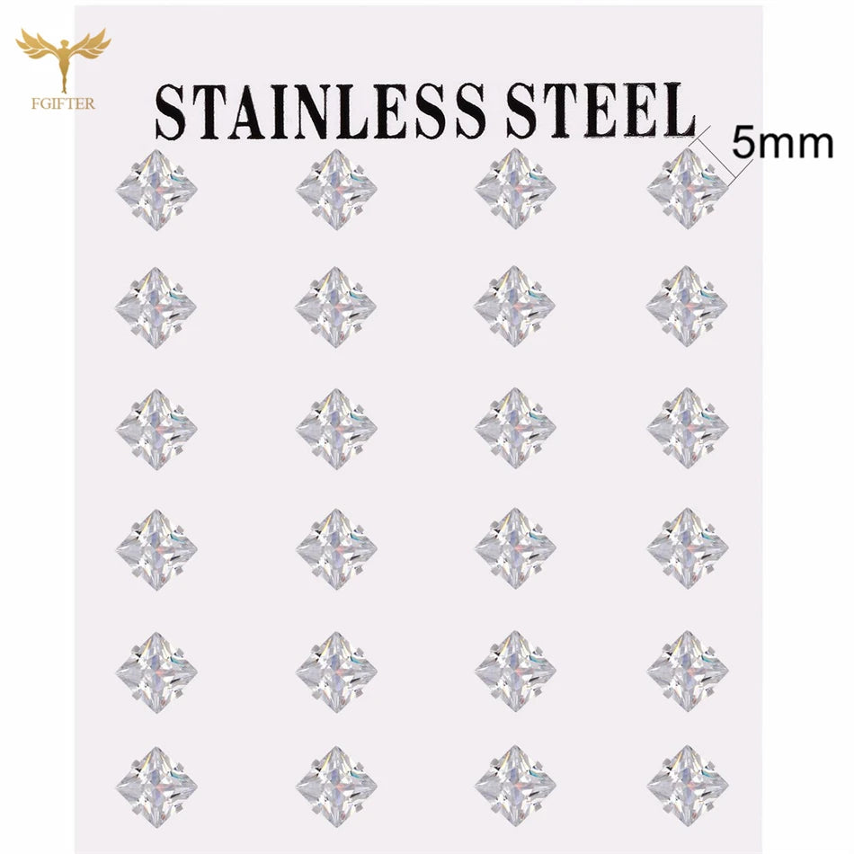 12 pairs white crystal stud earrings set, round and square zircon designs with golden stainless steel settings