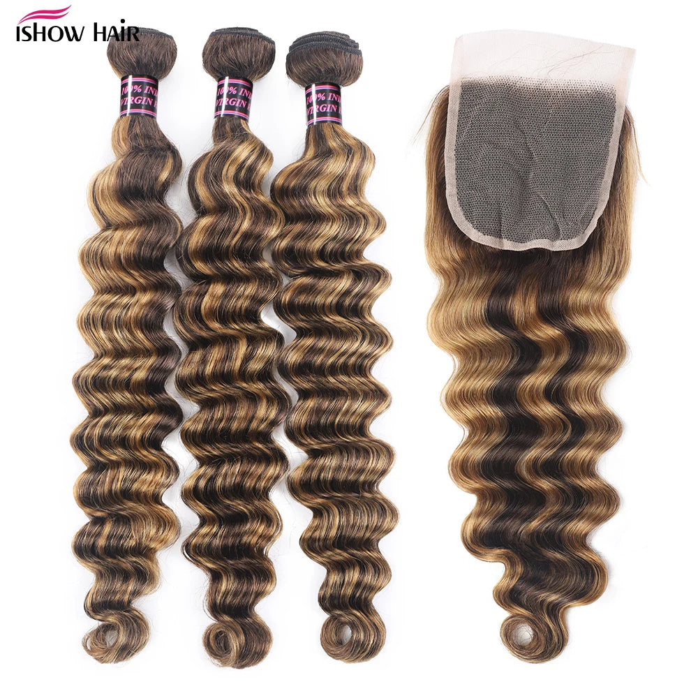 Ishow Highlight Loose Deep Wave Bundles With Closure 4x4 Lace Closure With Bundles 100% Remy Human Hair Extensions For Women