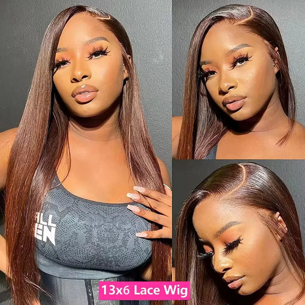 Long 46-inch straight chocolate brown human hair wig with 13x4 and 13x6 HD transparent lace frontal, 200% density, Remy hair.