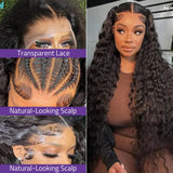 Deep wave 13x6 HD lace frontal human hair wig, 200 density, transparent lace, 30–40 inch water curly style