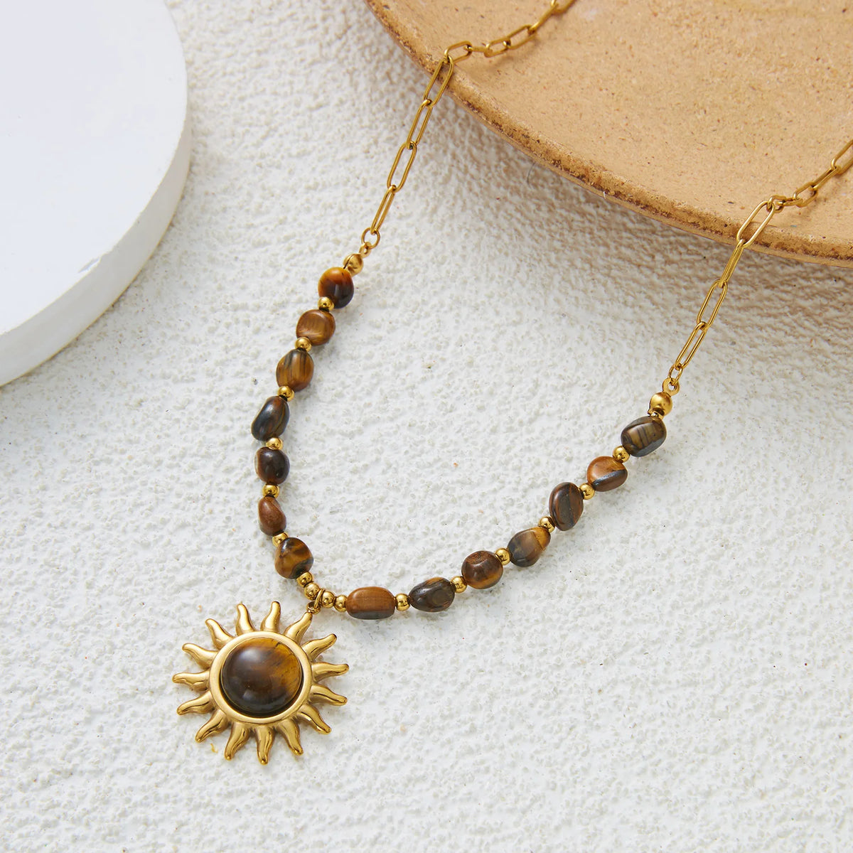 Tiger Eye stone stainless steel sun necklace for women, gold PVD plated choker chain, waterproof, tarnish-free party jewelry