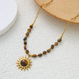 Tiger Eye stone stainless steel sun necklace for women, gold PVD plated choker chain, waterproof, tarnish-free party jewelry