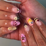 24-piece almond shape false nails with brown stripes and pink flowers, wearable full-cover acrylic nail tips