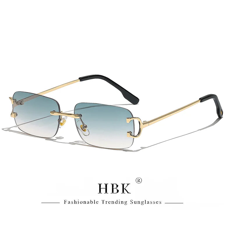 HBK Retro rimless sunglasses for women and men with small square gold frame and rectangular design, UV400 protection, HSF Marketplace.
