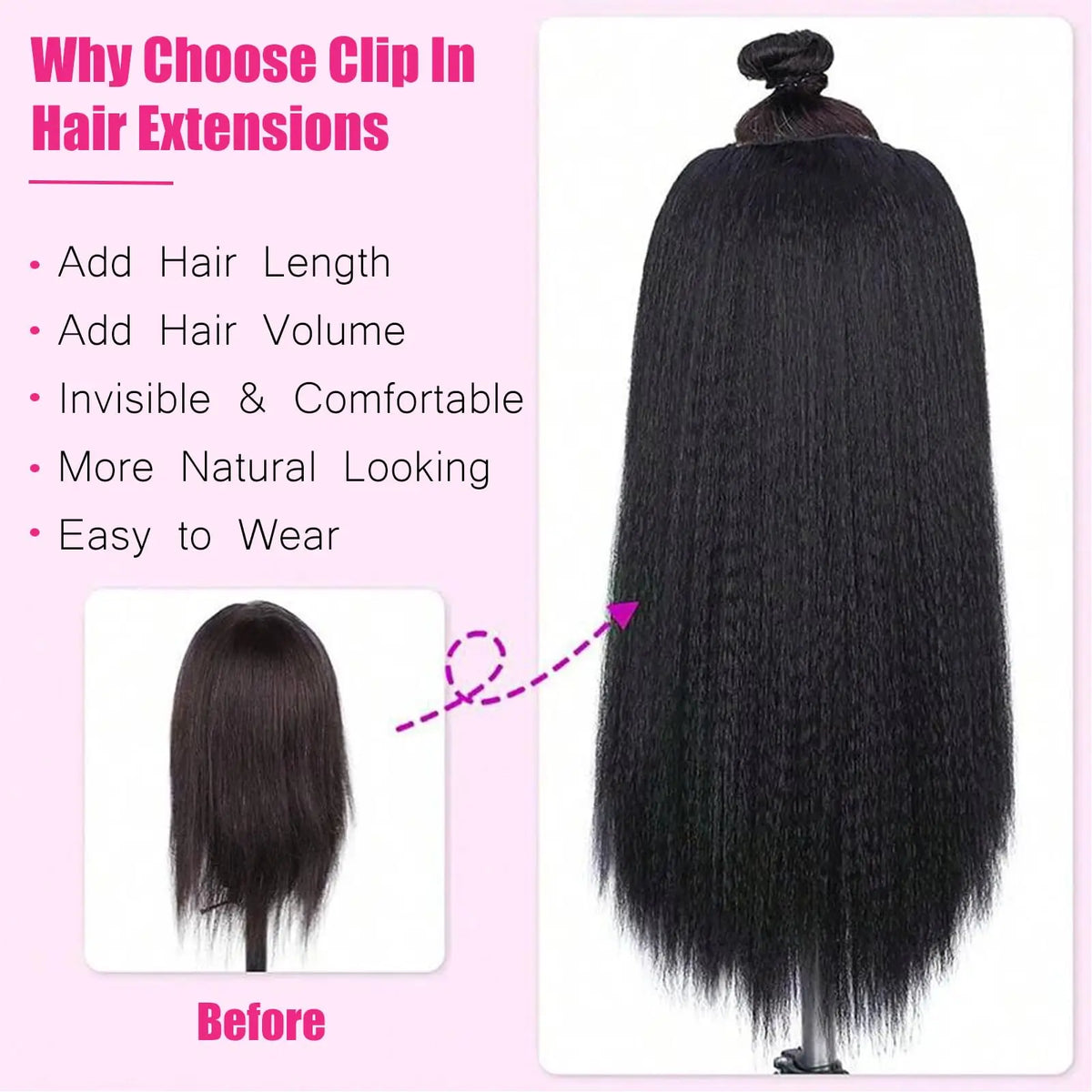 Kinky straight 16-inch real human hair clip-in extensions by HSF Marketplace