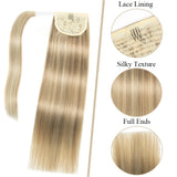 Ponytail human hair clip-in extension wrap-around hairpiece in natural black, brown, or blonde, high ponytail style