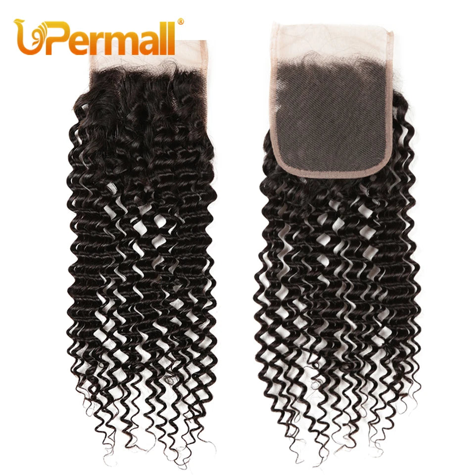 Upermall 3/4 Brazilian Remy Kinky Curly Human Hair Bundles With Closure HD Transparent 4x4 Lace Closure and Weave Extension Soft