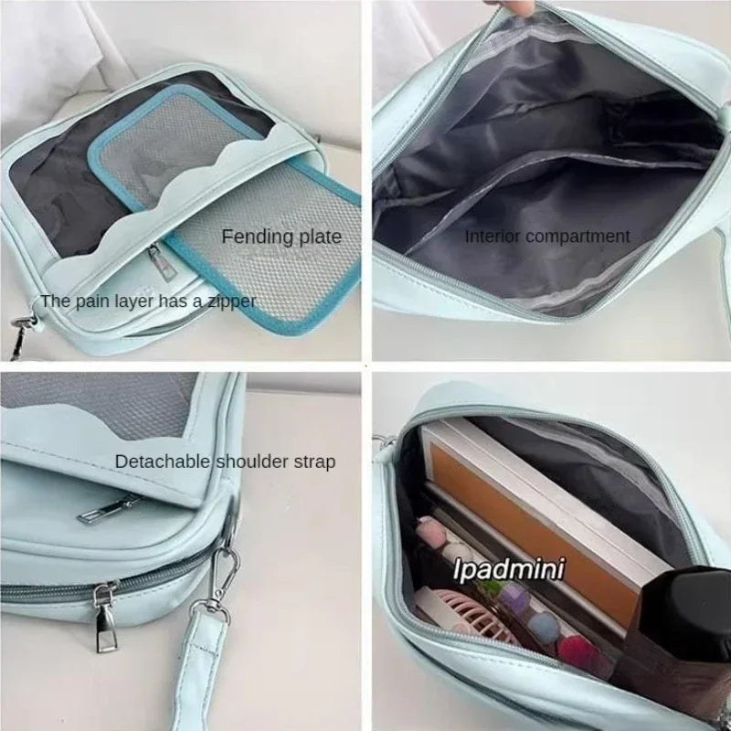 Japanese Harajuku Ita Bag for women with transparent pockets, PU material, crossbody strap, high school girl style handbag.