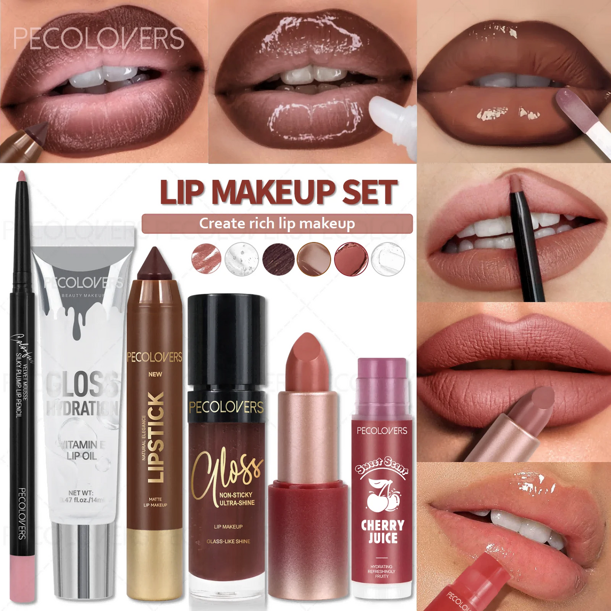 HSF Marketplace 6-piece lip makeup set with matte lip liner, lip oil, lipstick, gloss, cherry-flavored balm for rich lip looks